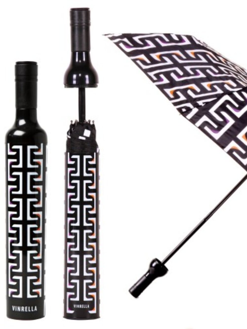 Vinrella Umbrella In a Bottle Wine Lovers Black & White Geometric Design NWT